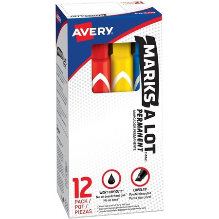 Avery Permanent Markers, Chisel Tip, 12/PK, BK/RD/BE/GN/BN/YW/PE/OE PK AVE24800